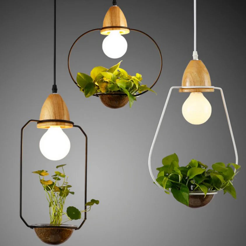Art Deco Led Plant Pendant Light With Wood Base E27 Creative Rustic Pot Culture Hanging Lamp For Dining Room Cafe Bar Restaurant