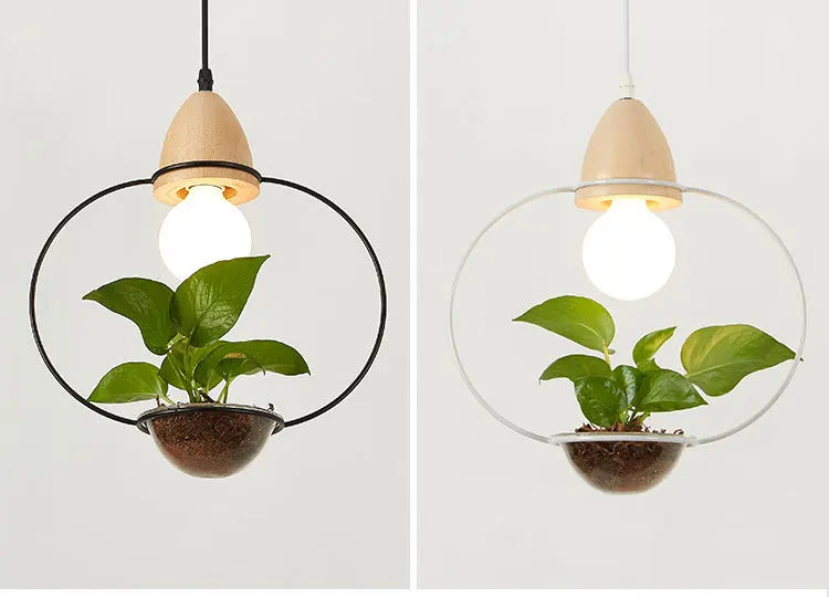 Art Deco Led Plant Pendant Light With Wood Base E27 Creative Rustic Pot Culture Hanging Lamp For Dining Room Cafe Bar Restaurant
