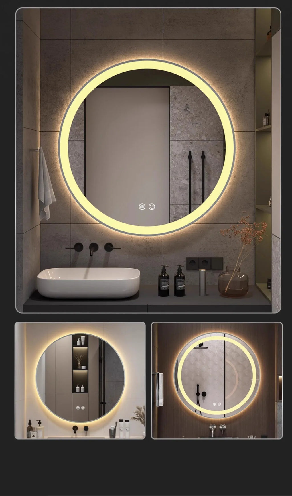 Bathroom Makeup Bathroom Mirror Non-punching Wall Hanging Diameter 50CM Smart LED Light Bathroom Mirror Anti-fog Touch Screen