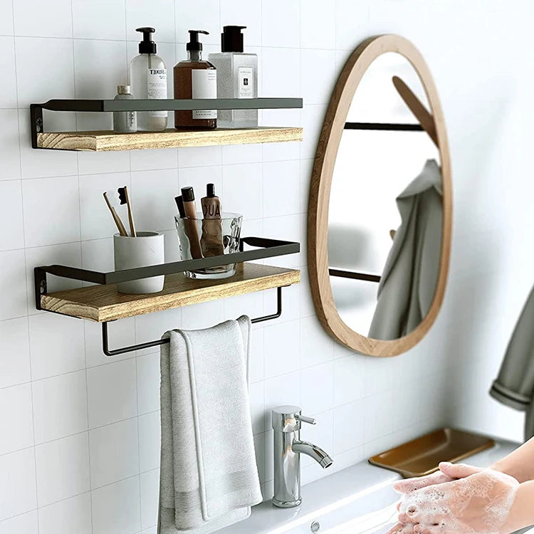 2 Sets Floating Shelves, Bathroom Shelf With Towel Bar, Wall Shelves For Bathroom/Living Room/Kitchen/Bedroom