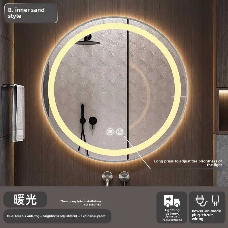 Bathroom Makeup Bathroom Mirror Non-punching Wall Hanging Diameter 50CM Smart LED Light Bathroom Mirror Anti-fog Touch Screen