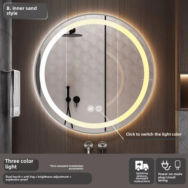 Bathroom Makeup Bathroom Mirror Non-punching Wall Hanging Diameter 50CM Smart LED Light Bathroom Mirror Anti-fog Touch Screen