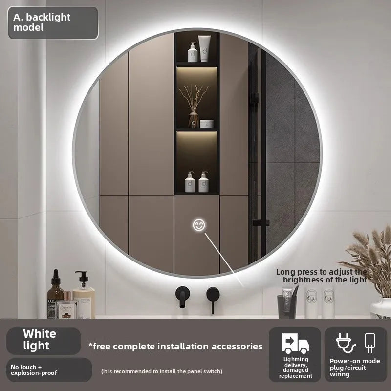 Bathroom Makeup Bathroom Mirror Non-punching Wall Hanging Diameter 50CM Smart LED Light Bathroom Mirror Anti-fog Touch Screen