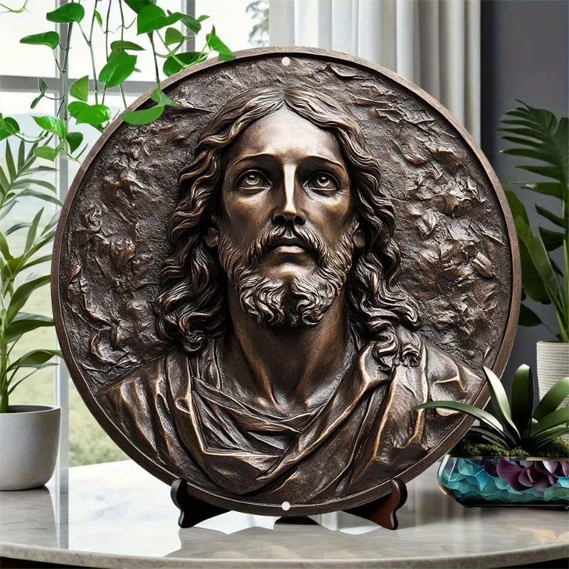 Art Deco Inspired Round Aluminum Metal Wall Art Decor, 3D Embossed Religious Theme Plaque, Perfect Gift for Home, Dorm Bedroom