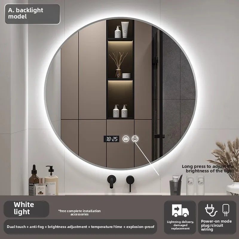 Bathroom Makeup Bathroom Mirror Non-punching Wall Hanging Diameter 50CM Smart LED Light Bathroom Mirror Anti-fog Touch Screen