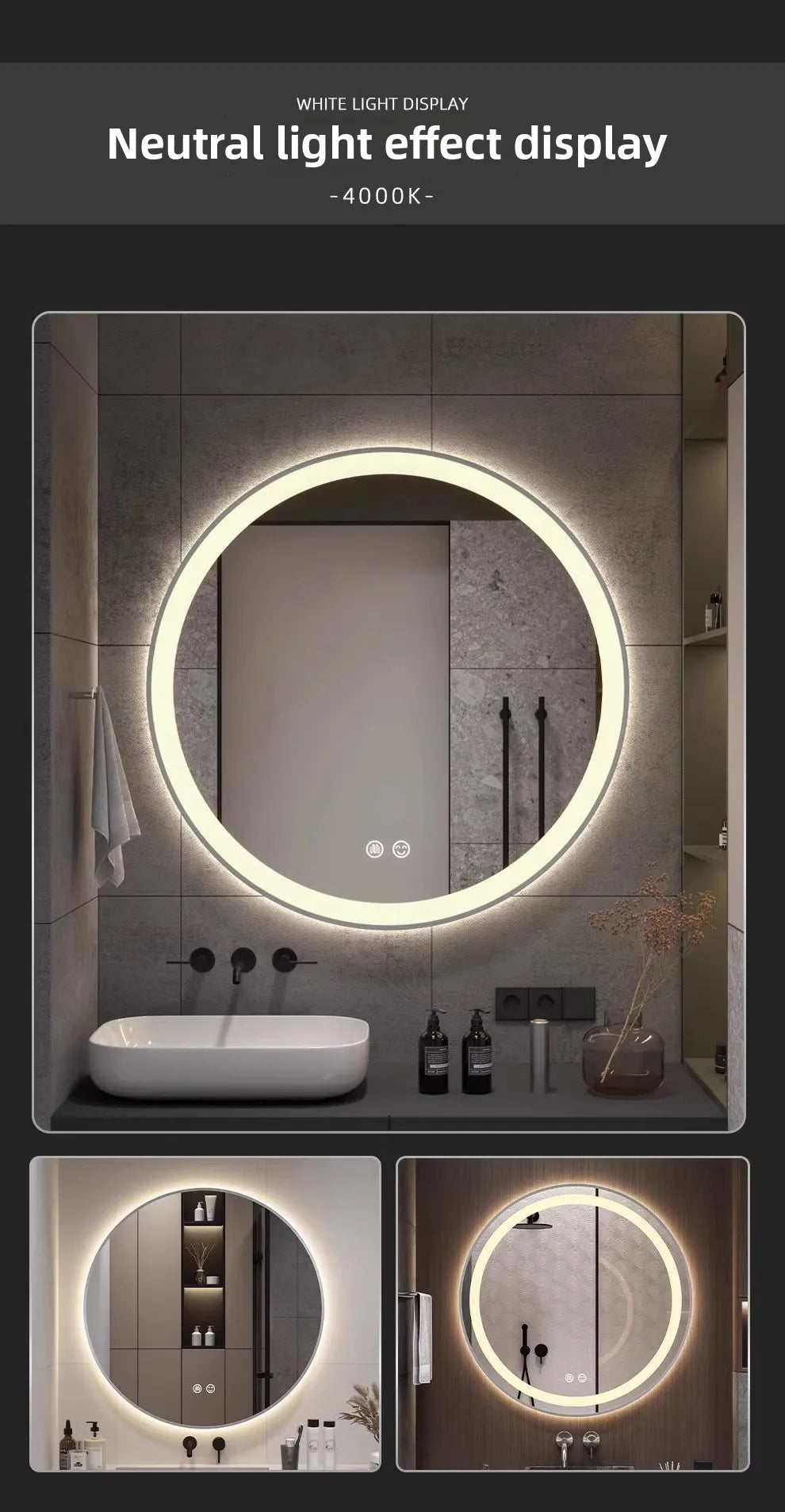 Bathroom Makeup Bathroom Mirror Non-punching Wall Hanging Diameter 50CM Smart LED Light Bathroom Mirror Anti-fog Touch Screen
