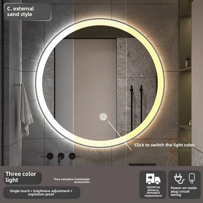 Bathroom Makeup Bathroom Mirror Non-punching Wall Hanging Diameter 50CM Smart LED Light Bathroom Mirror Anti-fog Touch Screen
