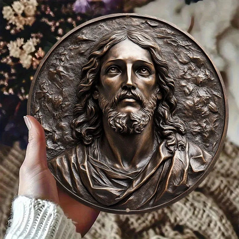 Art Deco Inspired Round Aluminum Metal Wall Art Decor, 3D Embossed Religious Theme Plaque, Perfect Gift for Home, Dorm Bedroom