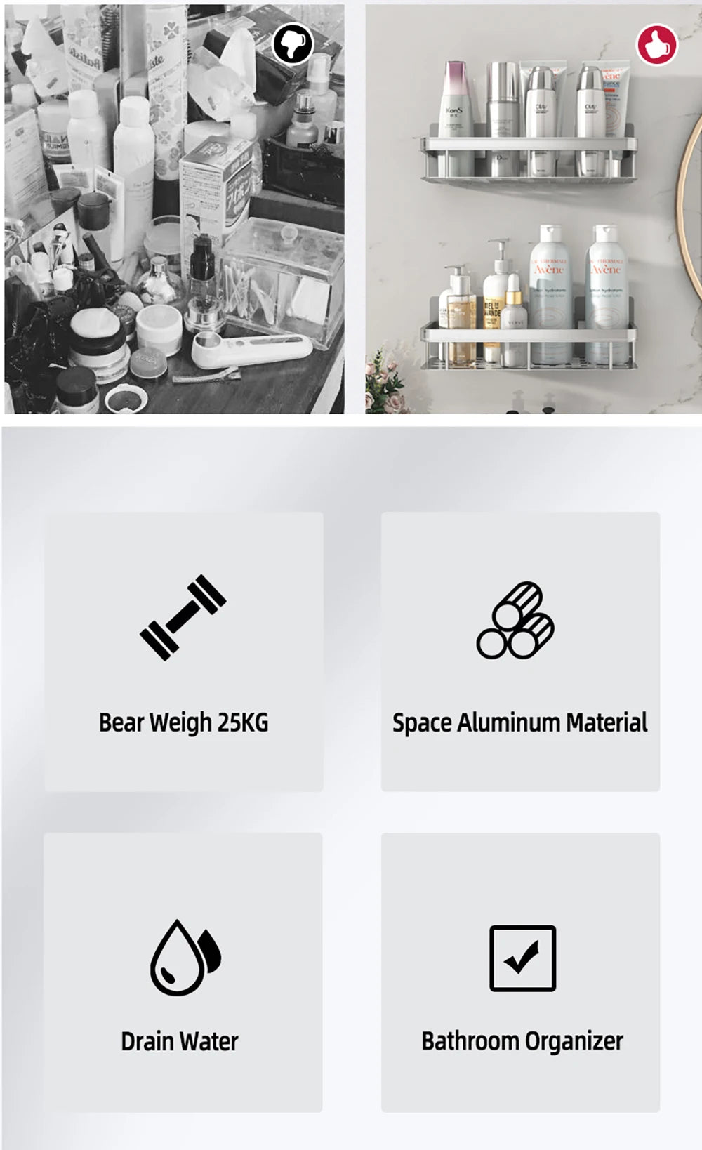 Bathroom Shelf No Drill Wall Mounted Shampoo Bottle Shower Corner Rack Toilet Storage Rack Aluminum Bathroom Kitchen Accessories