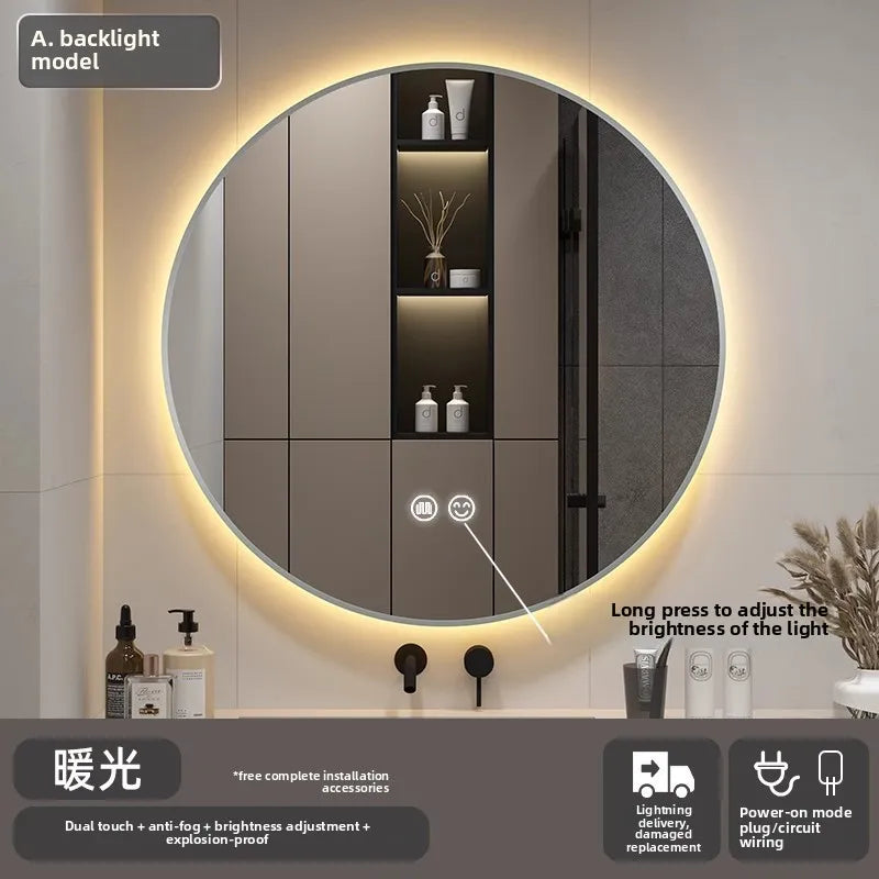 Bathroom Makeup Bathroom Mirror Non-punching Wall Hanging Diameter 50CM Smart LED Light Bathroom Mirror Anti-fog Touch Screen