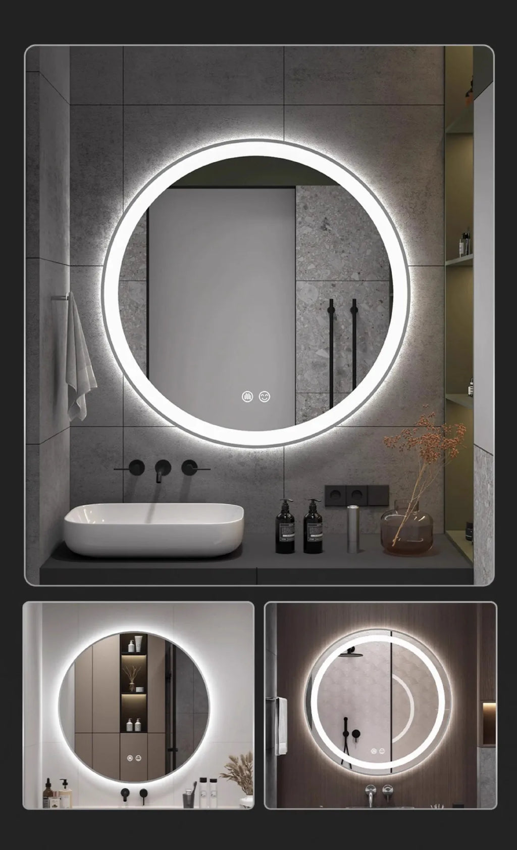 Bathroom Makeup Bathroom Mirror Non-punching Wall Hanging Diameter 50CM Smart LED Light Bathroom Mirror Anti-fog Touch Screen