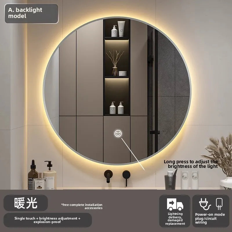 Bathroom Makeup Bathroom Mirror Non-punching Wall Hanging Diameter 50CM Smart LED Light Bathroom Mirror Anti-fog Touch Screen