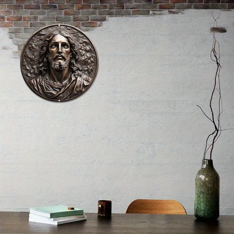 Art Deco Inspired Round Aluminum Metal Wall Art Decor, 3D Embossed Religious Theme Plaque, Perfect Gift for Home, Dorm Bedroom