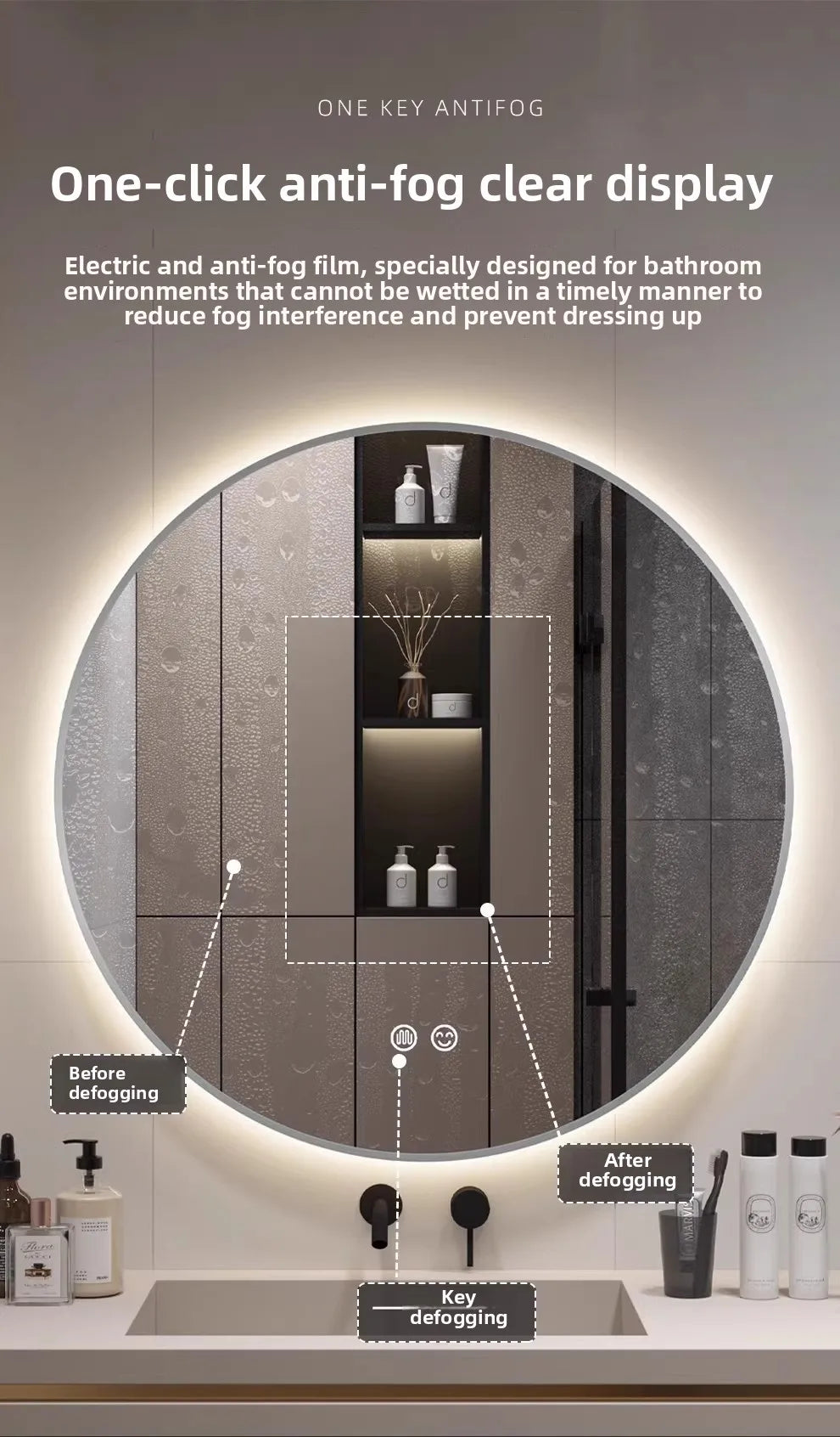 Bathroom Makeup Bathroom Mirror Non-punching Wall Hanging Diameter 50CM Smart LED Light Bathroom Mirror Anti-fog Touch Screen