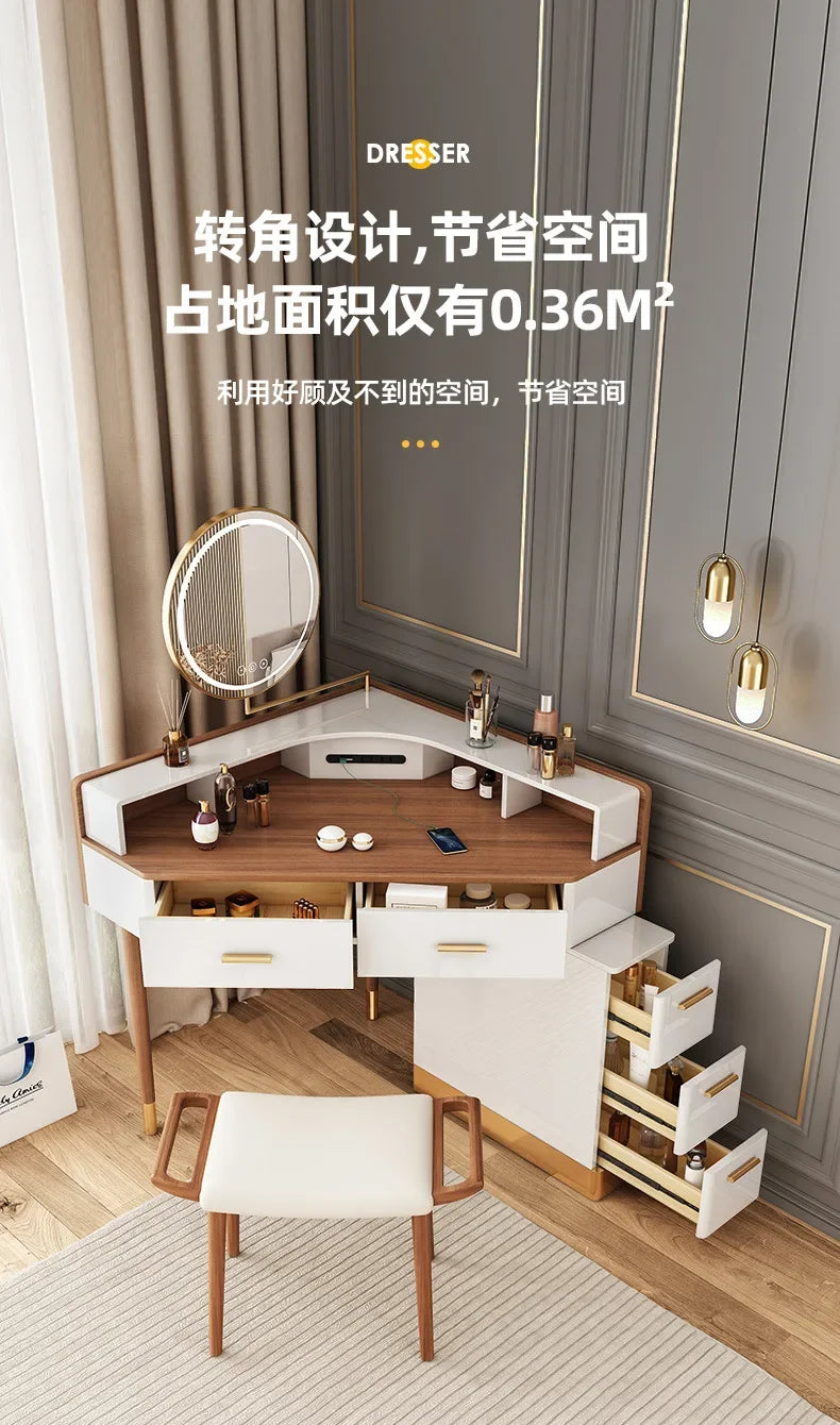 Women Makeup Dressing Table Vanity Desk Angle Bedroom Luxury Corner Hairstyle Dresser Table with Mirror Penteadeira Furniture