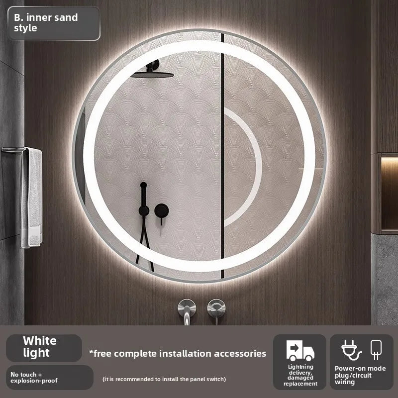 Bathroom Makeup Bathroom Mirror Non-punching Wall Hanging Diameter 50CM Smart LED Light Bathroom Mirror Anti-fog Touch Screen