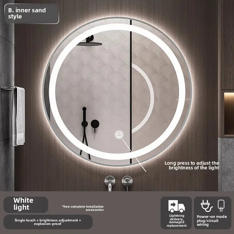 Bathroom Makeup Bathroom Mirror Non-punching Wall Hanging Diameter 50CM Smart LED Light Bathroom Mirror Anti-fog Touch Screen