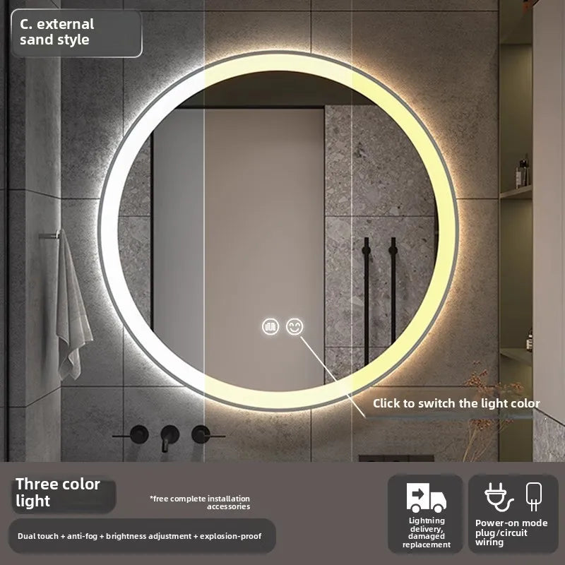 Bathroom Makeup Bathroom Mirror Non-punching Wall Hanging Diameter 50CM Smart LED Light Bathroom Mirror Anti-fog Touch Screen