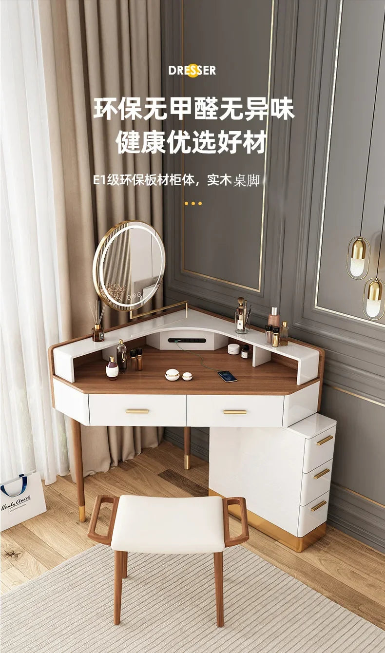 Women Makeup Dressing Table Vanity Desk Angle Bedroom Luxury Corner Hairstyle Dresser Table with Mirror Penteadeira Furniture
