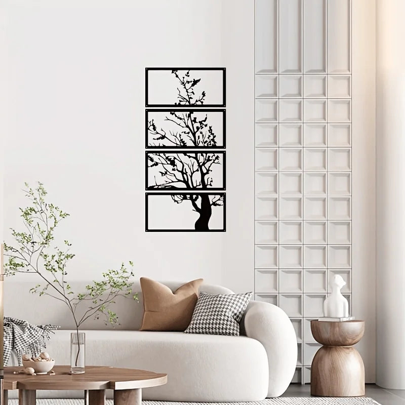 4pcs Art Deco Black Metal Wall Decor, Tree of Life Silhouette Hanging Artwork, Indoor Home Decorations for Living Room