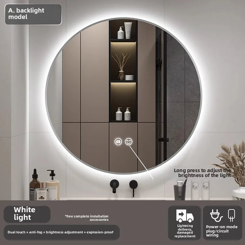 Bathroom Makeup Bathroom Mirror Non-punching Wall Hanging Diameter 50CM Smart LED Light Bathroom Mirror Anti-fog Touch Screen