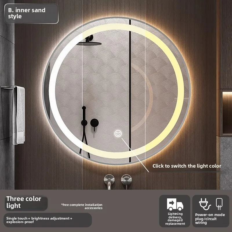 Bathroom Makeup Bathroom Mirror Non-punching Wall Hanging Diameter 50CM Smart LED Light Bathroom Mirror Anti-fog Touch Screen