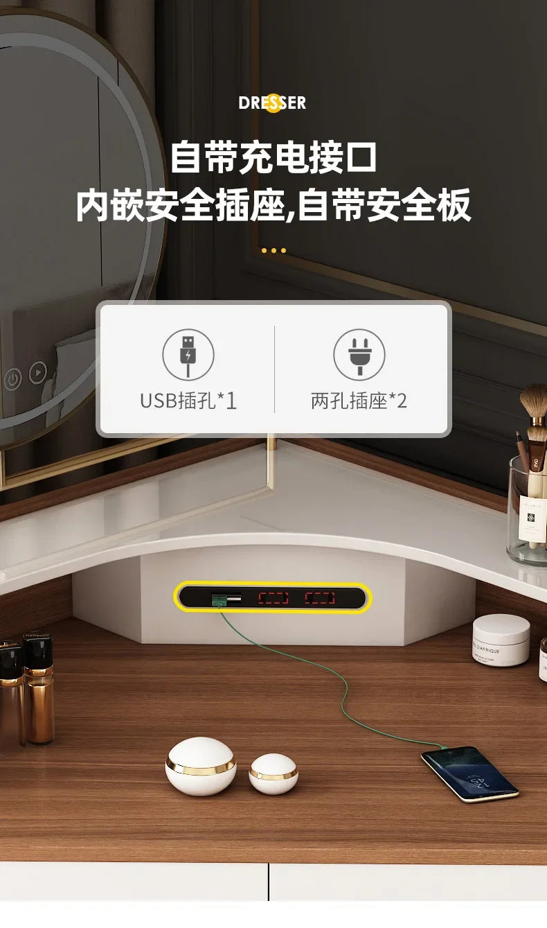 Women Makeup Dressing Table Vanity Desk Angle Bedroom Luxury Corner Hairstyle Dresser Table with Mirror Penteadeira Furniture