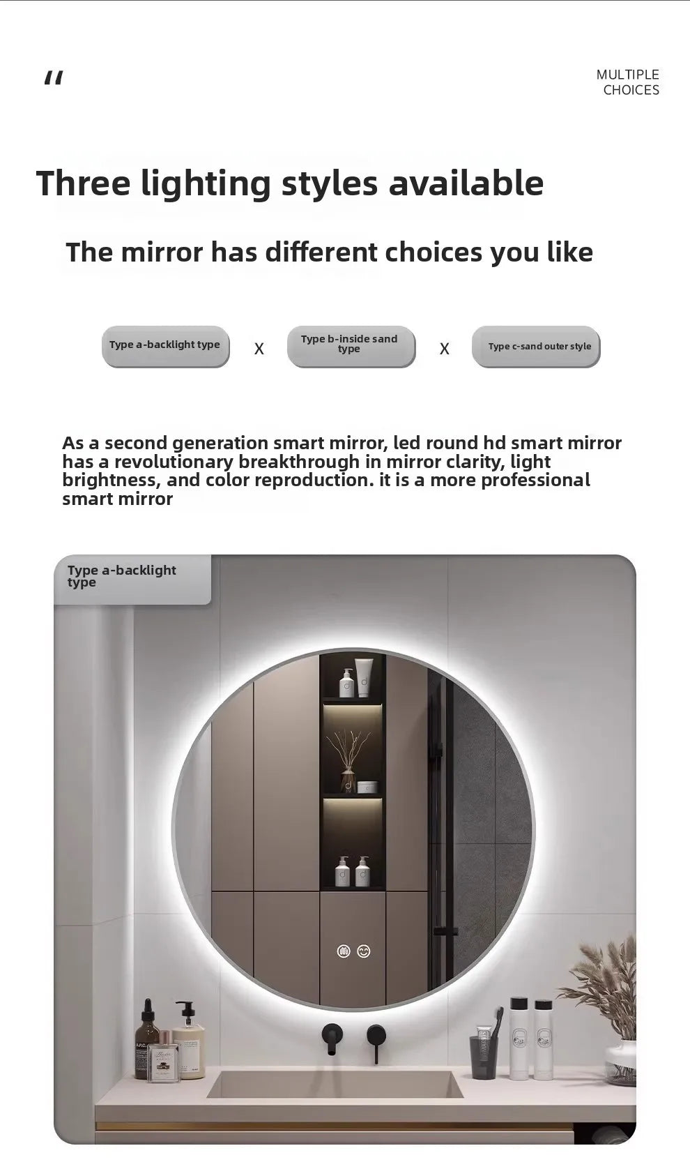 Bathroom Makeup Bathroom Mirror Non-punching Wall Hanging Diameter 50CM Smart LED Light Bathroom Mirror Anti-fog Touch Screen