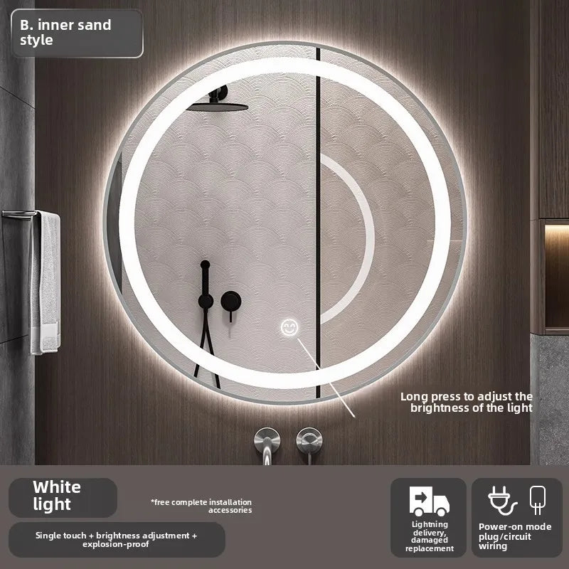 Bathroom Makeup Bathroom Mirror Non-punching Wall Hanging Diameter 50CM Smart LED Light Bathroom Mirror Anti-fog Touch Screen