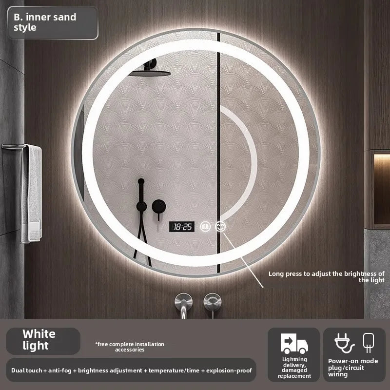 Bathroom Makeup Bathroom Mirror Non-punching Wall Hanging Diameter 50CM Smart LED Light Bathroom Mirror Anti-fog Touch Screen