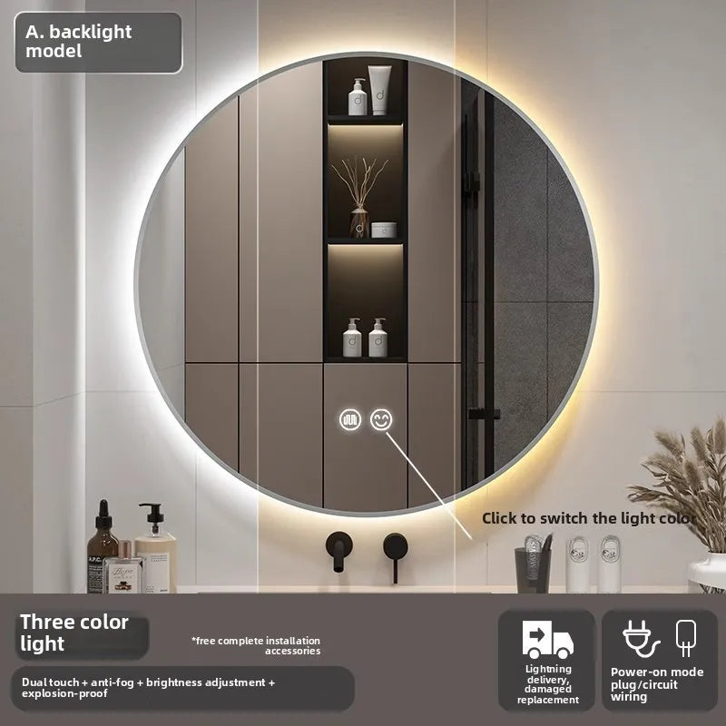 Bathroom Makeup Bathroom Mirror Non-punching Wall Hanging Diameter 50CM Smart LED Light Bathroom Mirror Anti-fog Touch Screen